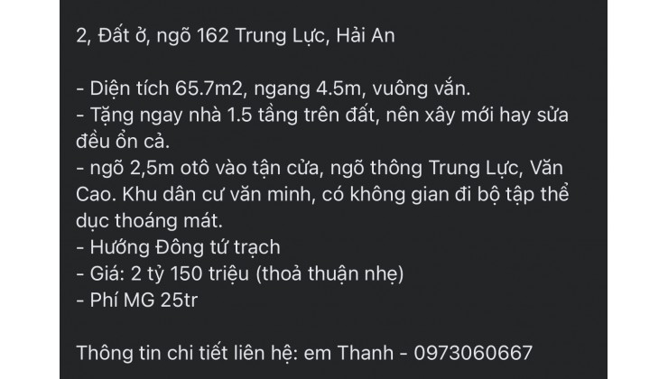 Chính chủ bán đất tặng nhà ngõ 162 Trung Lực, Đằng Lâm, Hải An, Hải Phòng