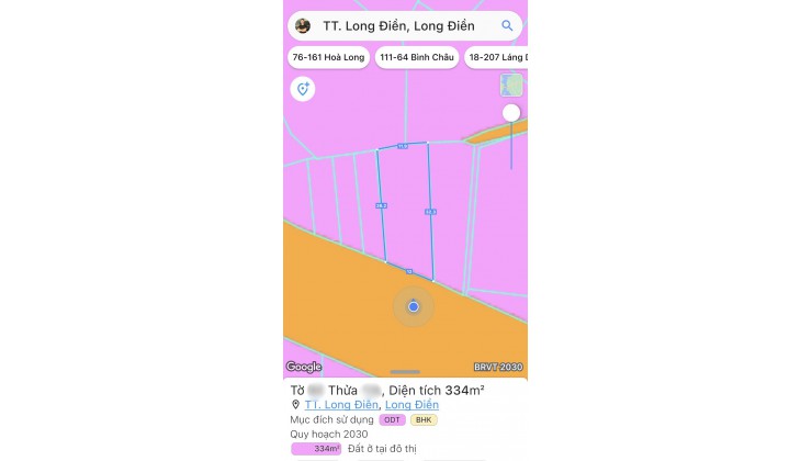 Bán lô đất Biệt Thự TT LONG ĐIỀN, Khu dân cư, gần Công viên Long Điền 