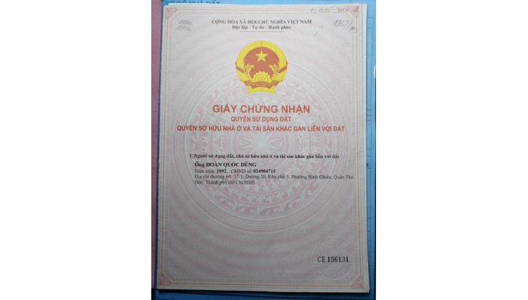 chủ cần bán gấp lô đất hẻm 185 đường Ngô Chí Quốc phường Bình chiểu TP Thủ Đức