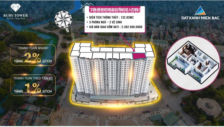 Chốt lời căn hộ chung cư Ruby KĐT Xanh, Đông Vệ - nhận nhà ở ngay – dt 133m2, 3pn