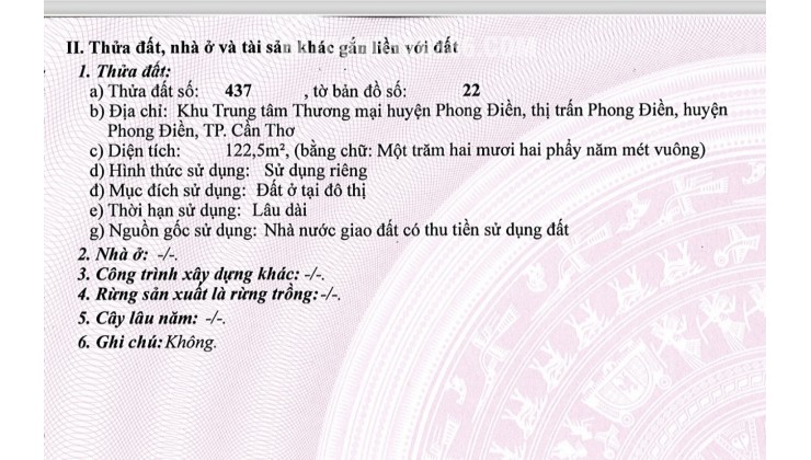 Cần bán nền trung tâm huyện Phong Điền 122.5m SHR 2,95 tỷ. Lh:0909020397