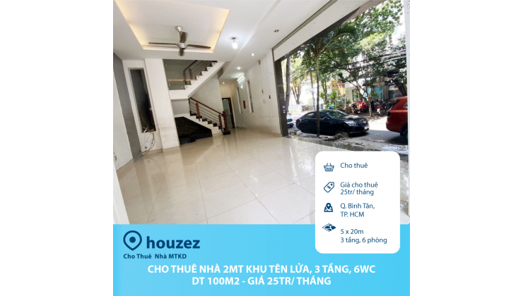 Cho thuê nhà 2MT khu Tên Lửa, 3 tầng, 6 phòng, 6WC, Q. Bình Tân, TP. HCM - DT 100m2 - Giá 25tr/ tháng