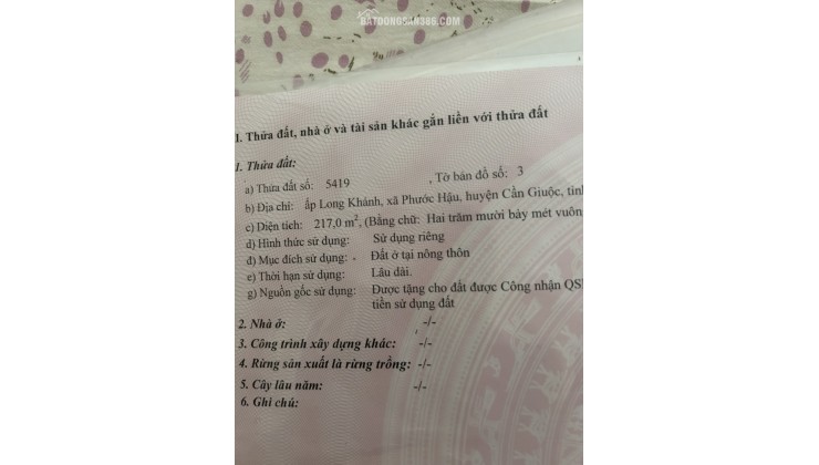 Bán đất tại Cần Giuộc, Long An SHR (chính chủ). 2.1 tỷ. 217m2. Lh:0938678475.