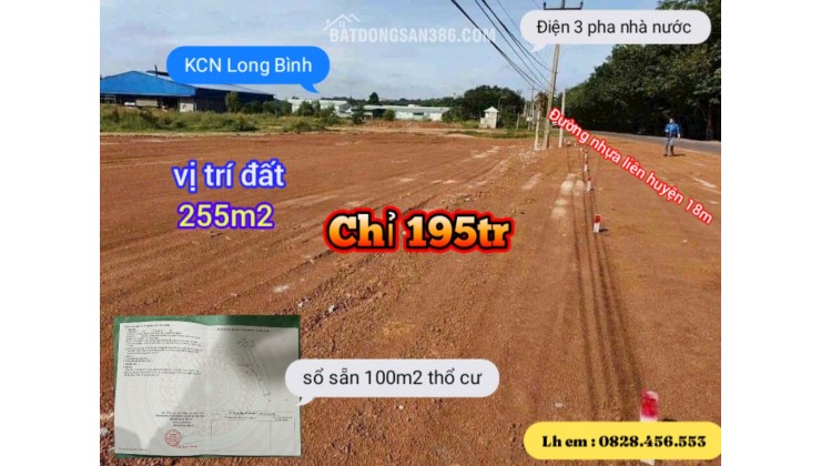 Long Bình , Phú Riềng 255m2 (100m2 thổ cư ) 1.9.5.tr Sổ sẵn phủ Hồng ( 0828.456.553) zalo