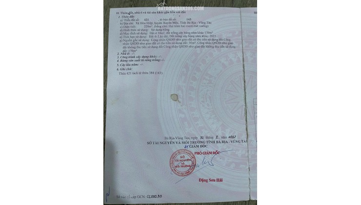 CHÍNH CHỦ BÁN ĐẤT XUYÊN MỘC, BRVT - DT 220M2 SẴN SHR, CHỈ 1.8 TỶ. LH:0908728638 (ZALO 0969956925).
