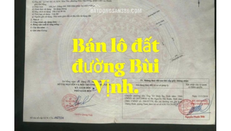 BÁN ĐẤT ĐƯỜNG BÙI VỊNH, HOÀ THỌ ĐÔNG, CẨM LỆ, 100.2 M2 THỔ CƯ, SHR 4.2 TỶ. LH:0967222668