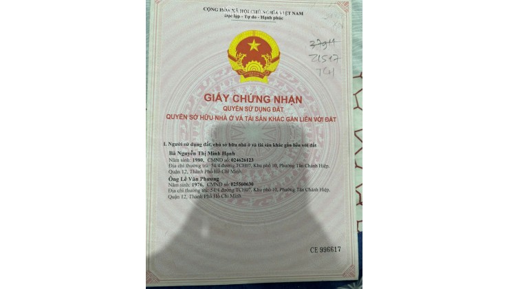 BÁN NHÀ TÂN CHÁNH HIỆP 7 Q12 – HẺM XE TẢI – SỔ NỞ HẬU – GIÁ CHỈ 4.2 TỶ Lh:0906962597.