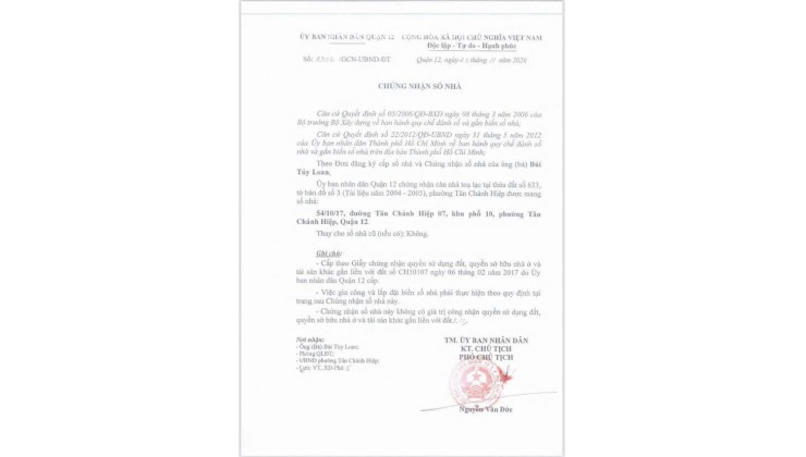BÁN NHÀ TÂN CHÁNH HIỆP 7 Q12 – HẺM XE TẢI – SỔ NỞ HẬU – GIÁ CHỈ 4.2 TỶ Lh:0906962597.