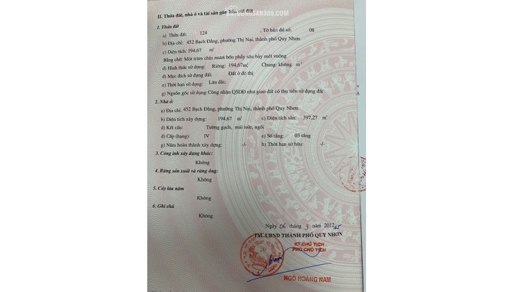CHÍNH CHỦ BÁN NHÀ MẶT TIỀN 3 TẦNG, NGAY TTTP QUY NHƠN – 194,67M2 CHỈ 20 TỶ, LH:0983729758.