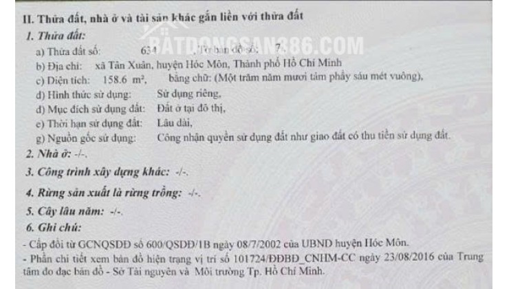 CHÍNH CHỦ CẦN BÁN ĐẤT TÂN XUÂN 3, HÓC MÔN, HỒ CHÍ MINH
