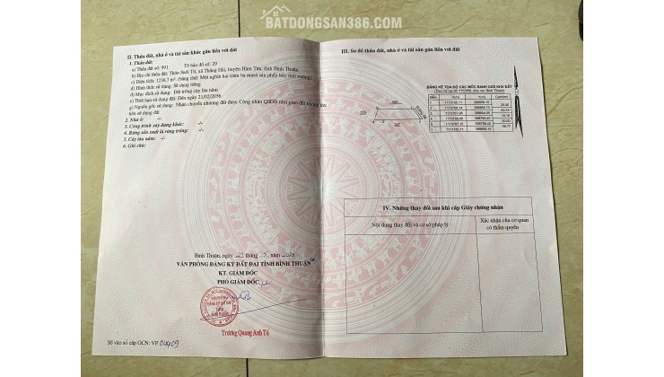 BÁN GẤP ĐẤT Ở THỔ CƯ QUỐC LỘ 55, THẮNG HẢI - HÒA TAN - BÌNH THUẬN, 1236M², 1.2 TỶ, quyền sở hữu đất đai
