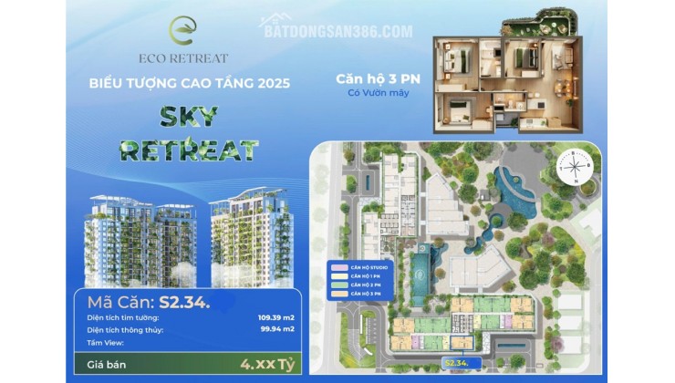 Căn hộ 3PN giá gốc Sky Retreat Eco Retreat giá tốt 4,3 tỷ (gồm VAT+KPBT), có vườn mây