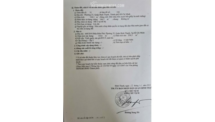 Bán Nhà Hẻm Xe Hơi 649/20/4 Điện Biên Phủ, P25, Bình Thạnh