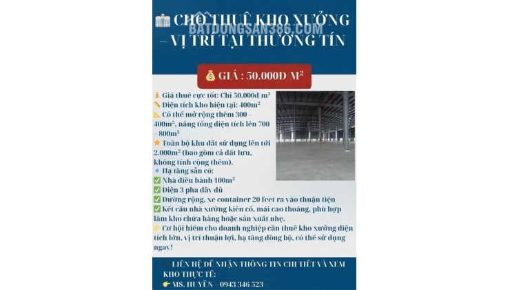  CHO THUÊ KHO XƯỞNG – VỊ TRÍ TẠI THƯỜNG TÍN - DIỆN TÍCH 400M2
