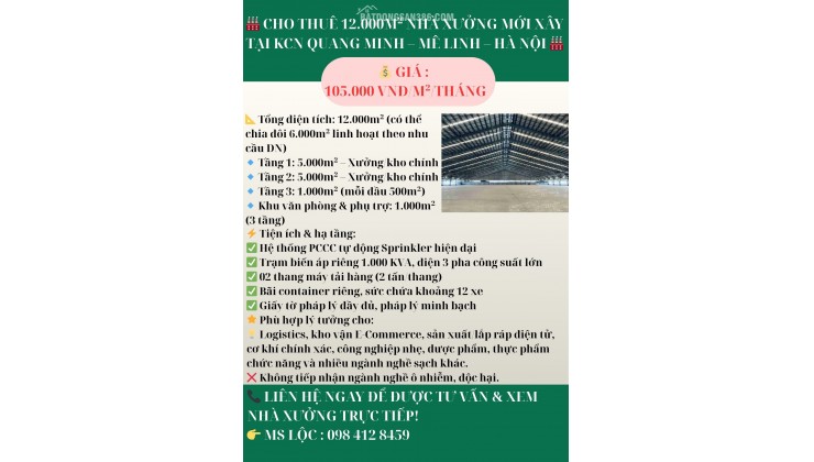  cho thuê 12.000m² nhà xưởng mới xây tại Kcn Quang Minh – Mê Linh – Hà Nội 