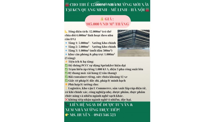  cho thuê 12.000m² nhà xưởng mới xây tại Kcn Quang Minh – Mê Linh – Hà Nội 