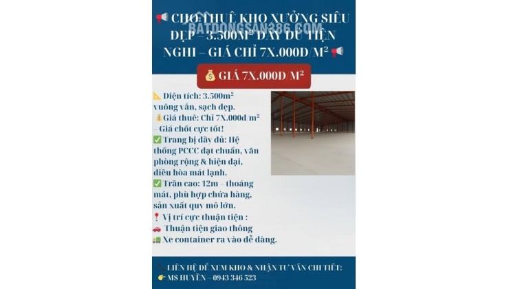  CHO THUÊ KHO XƯỞNG SIÊU ĐẸP – 3.500M² – ĐẦY ĐỦ TIỆN NGHI - THANH TRÌ – GIÁ CHỈ 7X.000Đ/M² 