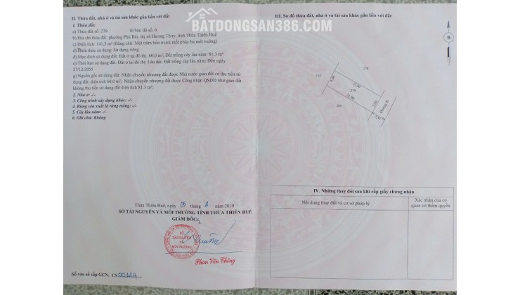 BÁN ĐẤT TẠI THỪA THIÊN HUẾ, DT 141,3 M2, SẴN SHR, CHỈ 13TR/M2. LH: 0968161106.