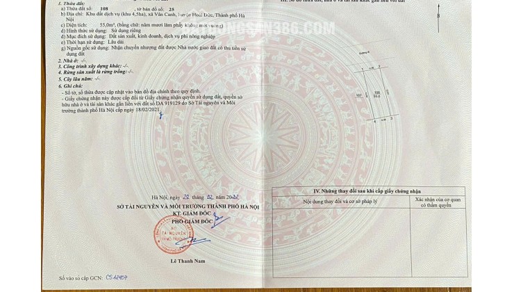 Cần bán đất dịch vụ 4,5 ha dt 55 m Vân Canh, mặt đường vành đai 3.5.