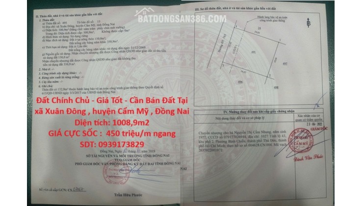 Đất Chính Chủ - Giá Tốt - Cần Bán Đất Tại xã Xuân Đông , huyện Cẩm Mỹ , Đồng Nai