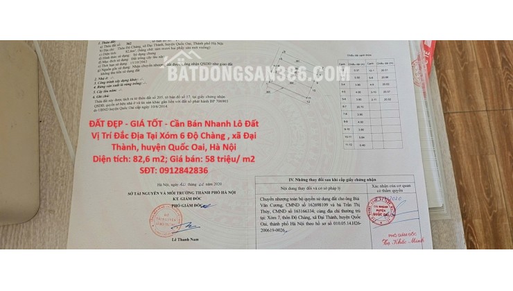 ĐẤT ĐẸP - GIÁ TỐT - Cần Bán Nhanh Lô Đất Vị Trí Đắc Địa Tại xã Đại Thành, huyện Quốc Oai, Hà Nội