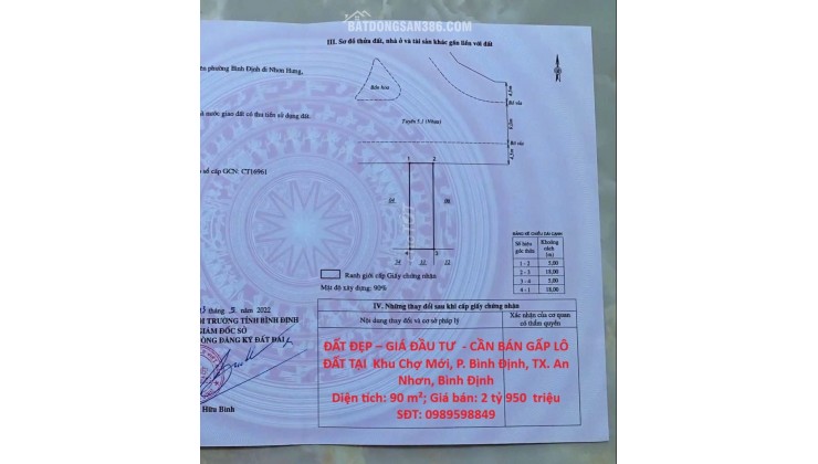 ĐẤT ĐẸP – GIÁ ĐẦU TƯ  - CẦN BÁN GẤP LÔ ĐẤT TẠI  Khu Chợ Mới, P. Bình Định, TX. An Nhơn, Bình Định