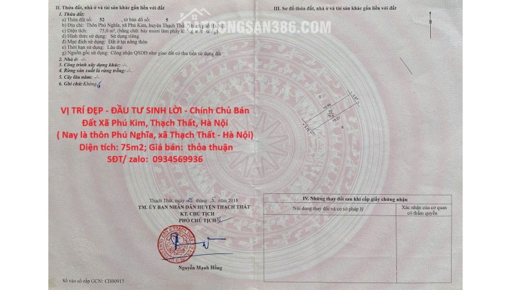 VỊ TRÍ ĐẸP - ĐẦU TƯ SINH LỜI - Chính Chủ Bán Đất Xã Phú Kim, Thạch Thất, Hà Nội