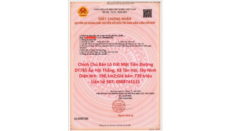 Chính Chủ Bán Lô Đất Mặt Tiền Đường DT785 Ấp Hội Thắng, Xã Tân Hội, Tây Ninh