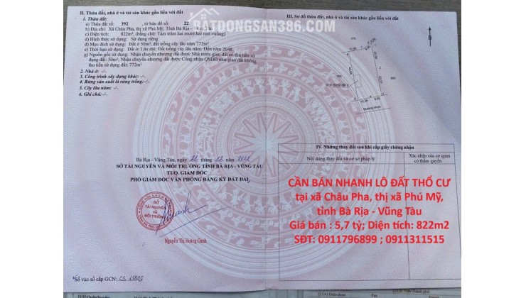 CẦN BÁN NHANH LÔ ĐẤT THỔ CƯ tại xã Châu Pha, thị xã Phú Mỹ, tỉnh Bà Rịa - Vũng Tàu