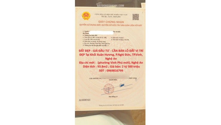 ĐẤT ĐẸP - GIÁ ĐẦU TƯ - CẦN BÁN LÔ ĐẤT VỊ TRÍ ĐẸP Tại Khối Xuân Hương, P.Nghi Đức, TP.Vinh, Nghệ An