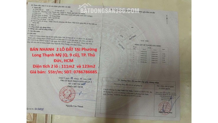 ĐẤT ĐẸP  - GIÁ ĐẦU TƯ –CẦN BÁN NHANH  2 LÔ ĐẤT TẠI Phường Long Thạnh Mỹ (Q. 9 cũ), TP. Thủ Đức, HCM