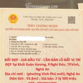 ĐẤT ĐẸP - GIÁ ĐẦU TƯ - CẦN BÁN LÔ ĐẤT VỊ TRÍ ĐẸP Tại Khối Xuân Hương, P.Nghi Đức, TP.Vinh, Nghệ An