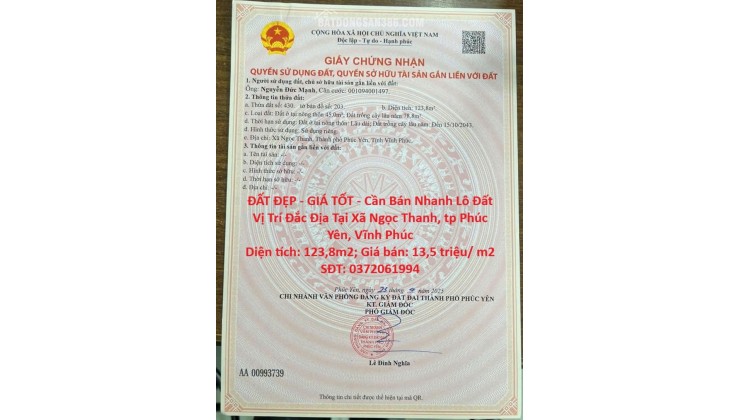 ĐẤT ĐẸP - GIÁ TỐT - Cần Bán Nhanh Lô Đất Vị Trí Đắc Địa Tại Xã Ngọc Thanh, tp Phúc Yên, Vĩnh Phúc