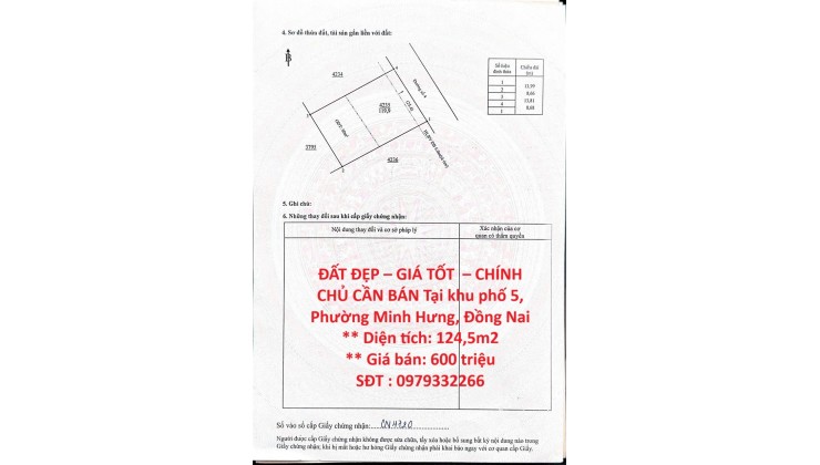 ĐẤT ĐẸP – GIÁ TỐT  – CHÍNH CHỦ CẦN BÁN Tại khu phố 5, Phường Minh Hưng, Đồng Nai