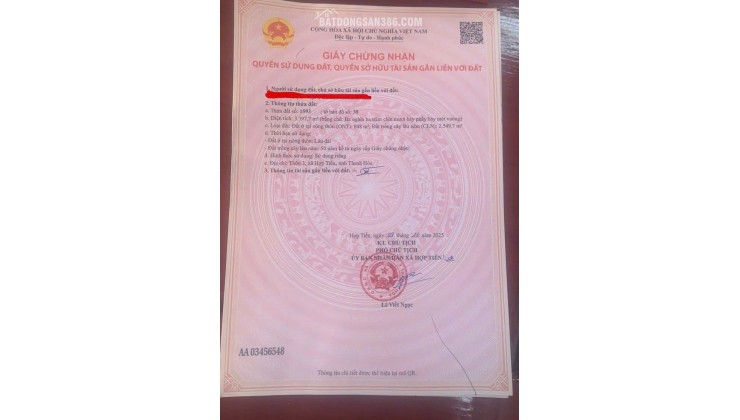 ĐẤT VƯỜN CHÍNH CHỦ - LÔ GÓC 2 MẶT TIỀN Tại Thôn 3, Xã Hợp Tiến ( Huyện Triệu Sơn Cũ ), Thanh Hóa