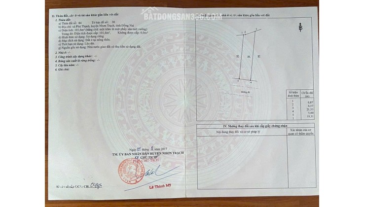 CHÍNH CHỦ BÁN ĐẤT TẠI NHƠN TRẠCH, DT 101.6 M2 (2MT, THỔ CƯ 100%) SHR 3 TỶ. LH:0945589090.