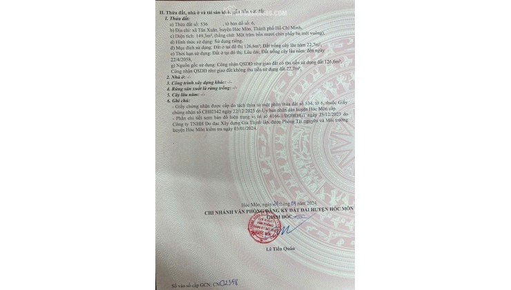 VỊ TRÍ ĐẮC ĐỊA - ĐẦU TƯ SINH LỜI - Cần Bán Lô Đất Mặt Tiền Xã Tân Xuân, Hóc Môn, HCM