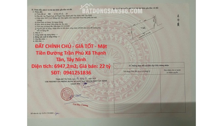 ĐẤT CHÍNH CHỦ - GIÁ TỐT - Mặt Tiền Đường Trần Phú Xã Thạnh Tân, Tây Ninh