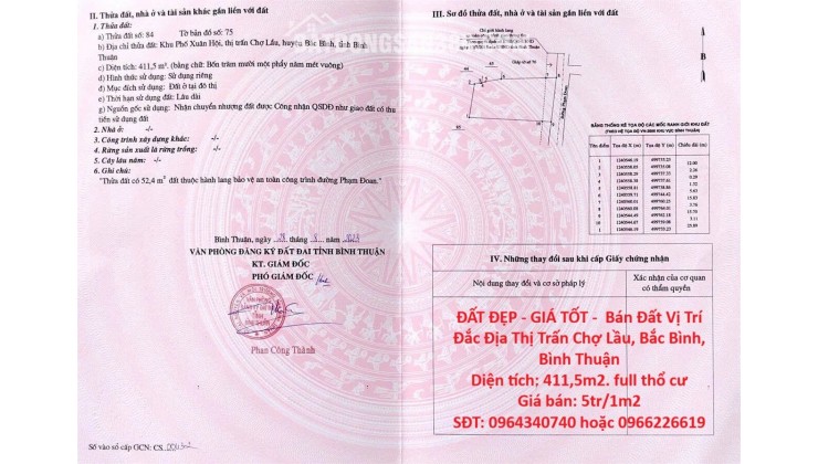 ĐẤT ĐẸP - GIÁ TỐT -  Bán Đất Vị Trí Đắc Địa Thị Trấn Chợ Lầu, Bắc Bình, Bình Thuận