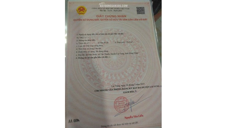 Bán nhà sổ hồng 136m2, ấp Tân Bình, Xã Lai Vung, Đồng Tháp. Giá 1.1 tỷ.
