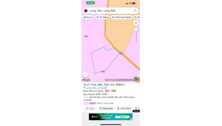 BÁN 7691.5 M² ĐẤT XÃ LONG TÂN, ĐẤT ĐỎ, GIÁ 2,7 TỶ/SÀO. LH:0938677702.