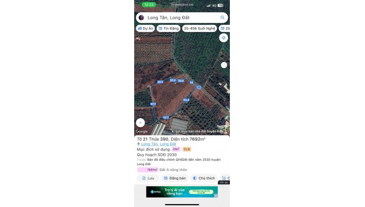 BÁN 7691.5 M² ĐẤT XÃ LONG TÂN, ĐẤT ĐỎ, GIÁ 2,7 TỶ/SÀO. LH:0938677702.