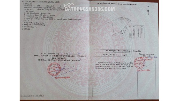 BÁN 7691.5 M² ĐẤT XÃ LONG TÂN, ĐẤT ĐỎ, GIÁ 2,7 TỶ/SÀO. LH:0938677702.