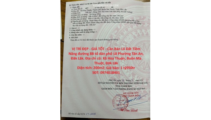 VỊ TRÍ ĐẸP - GIÁ TỐT - Cần Bán Lô Đất Tiềm Năng đường 8B tổ dân phố 18 Phường Tân An, Đăk Lăk