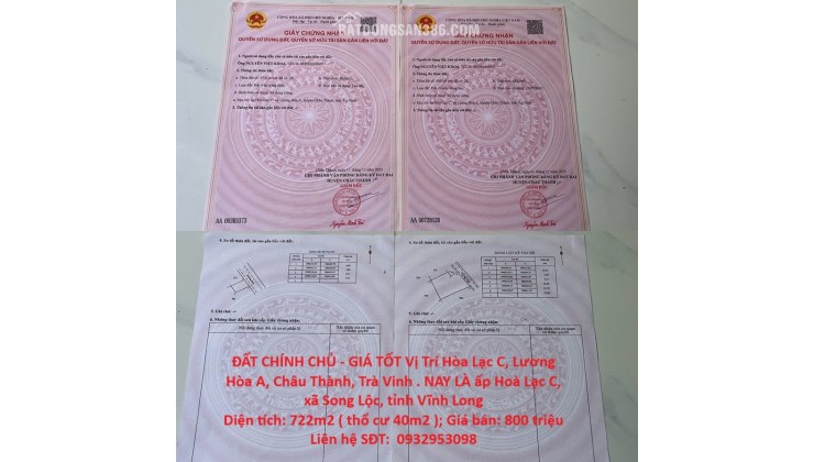 ĐẤT CHÍNH CHỦ - GIÁ TỐT Vị Trí Hòa Lạc C, Lương Hòa A, Châu Thành, Trà Vinh