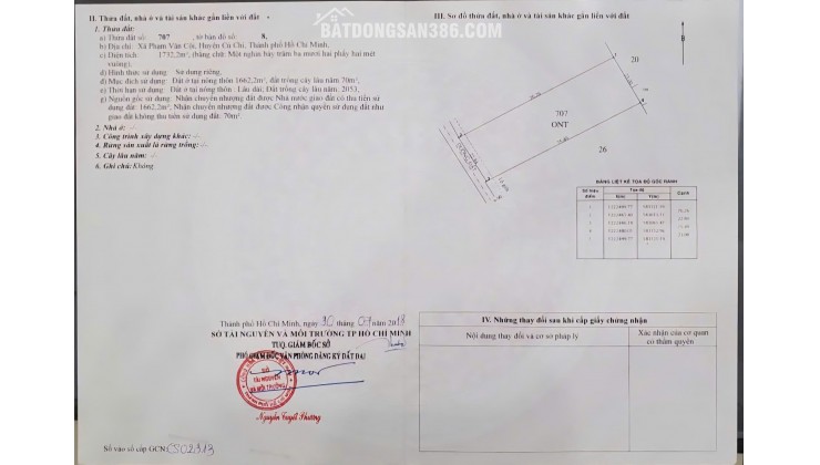 BÁN 1732 M² ĐẤT ĐƯỜNG PHẠM VĂN CỘI CỦ CHI. GIÁ 12TR/M2. LH:0906735462