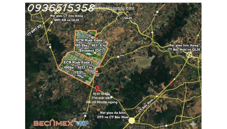 Đất nền giá tốt 77m ngang, cách ngã tư DT5-DT8 100m, đường dt5 quy hoạch 42m – đón sóng KCN Becamex Ninh Xuân