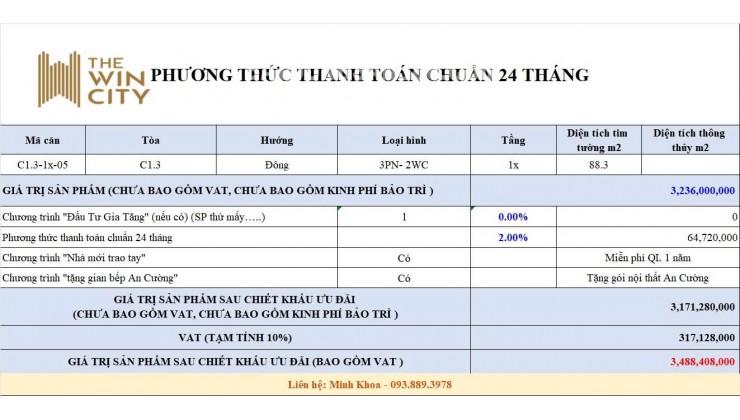 SUẤT NỘI BỘ THE WIN CITY - CĂN 3PN FULL NÔI THẤT 3.2 TỶ