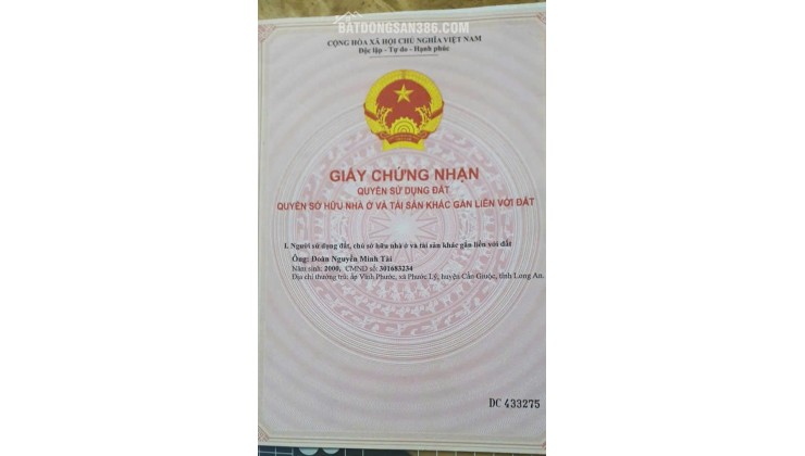 Bán 223m2 đất thổ cư 2 mặt tiền Phước Lý, Cần Giuộc, Long An, Giáp Bình Chánh, 3.9tỷTL Lh:0908242626, 0904413938.