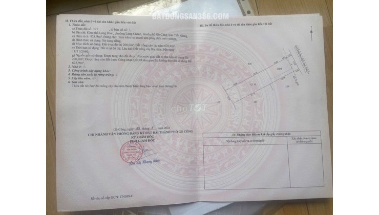 Bán đất Long Chánh – Gò Công – Diện tích 828,9m có 200 thổ cư – Hạ giá bán gấp 2,4tỳ